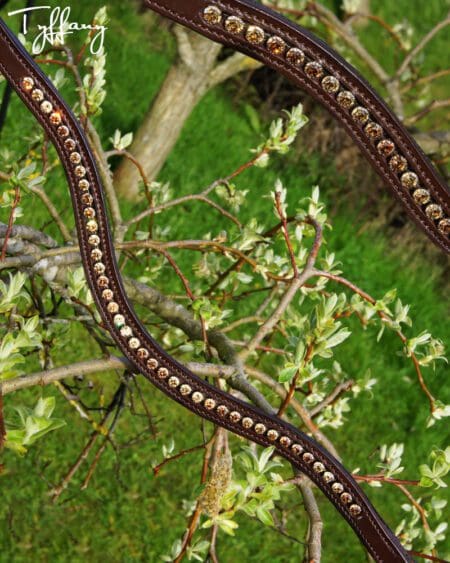 Gorgeous Bling Browband for Horses with Brown Leather and Topaz Crystals Close Up