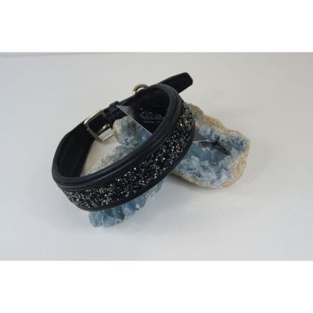 Dog Collar Black Leather with Comet Crystals 50cm