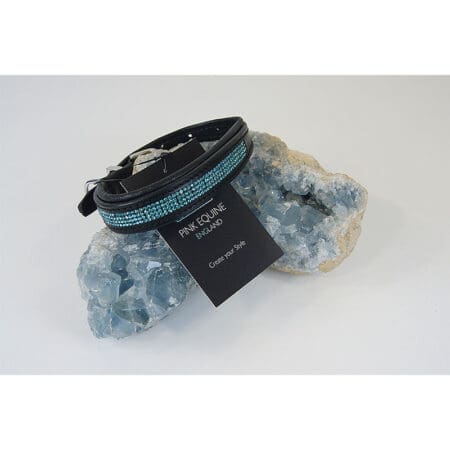 Dog Collar Leather Padded with Aquamarine Crystals