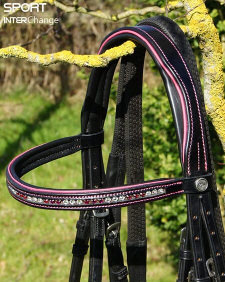 Close up of Sport Browband by Pink Equine with Hot Pink Piping and Ruby/Clear Crystals