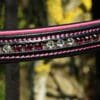 Extreme close up of Sport Browband by Pink Equine with Hot Pink Piping and Ruby/Clear Crystals