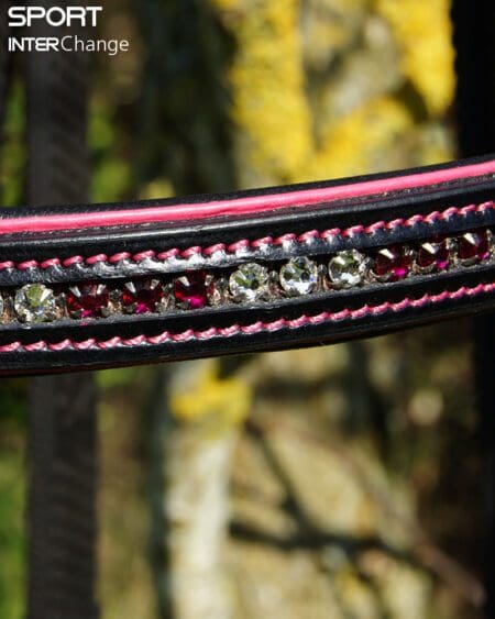 Extreme close up of Sport Browband by Pink Equine with Hot Pink Piping and Ruby/Clear Crystals