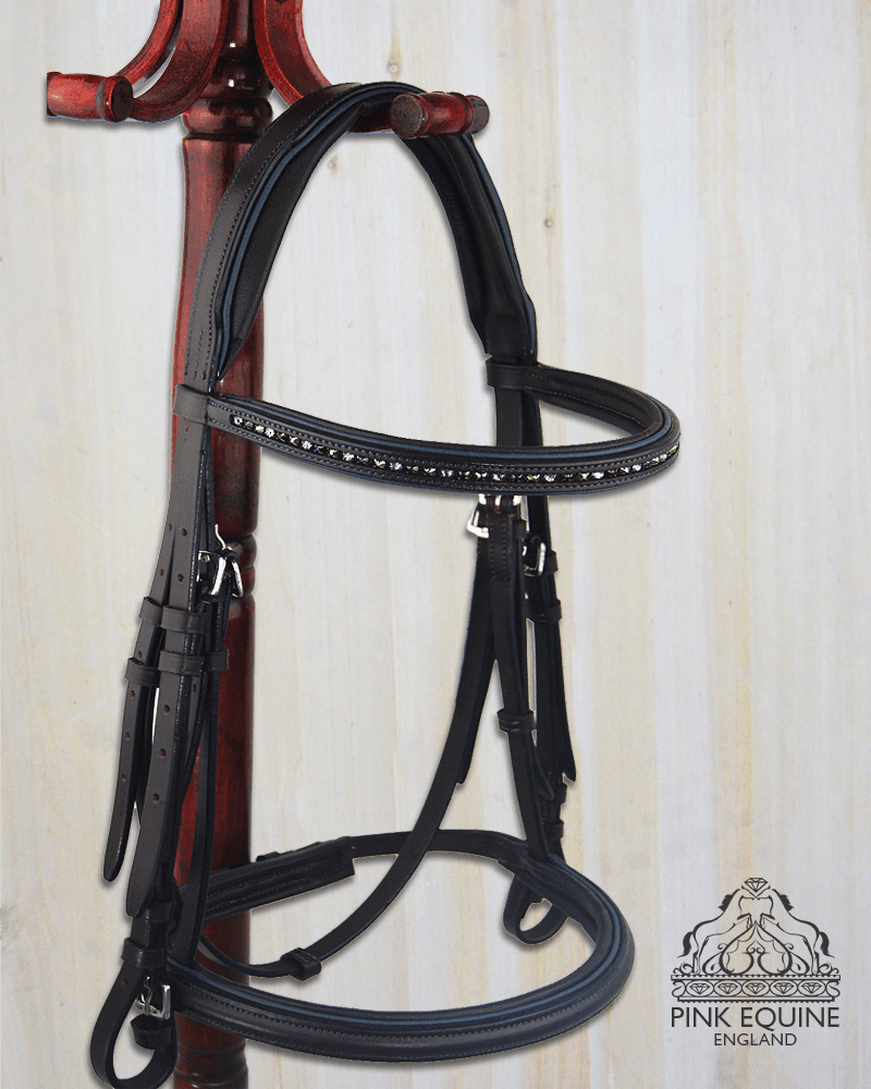 Full Bridle Black Leather Crystal English without Flash petrol piping