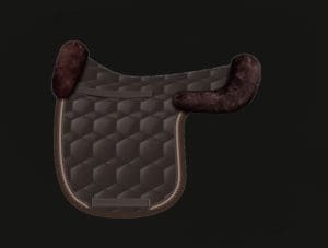 Brown Dressage Numnah with front and rear sheepskin and a single rope trim.