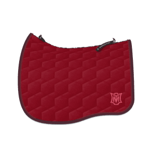 Burgundy Eurofit Velvet Dressage Saddle Pad with blackberry rope trim, raspberry logo and saddle fix