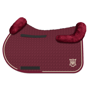 Burgundy Square Cotton Sheepskin Jumping Saddle Pad with Champagne Trim and Logo