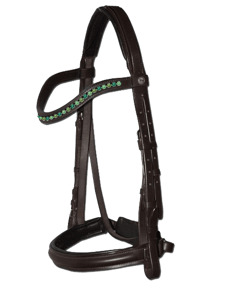 Tyffany style Brown Leather English Bridle with wave browband and different shades of green coloured stones