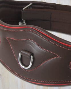 Pink Equine Ergonomic Leather Girth Brown with Red Piping 135cm