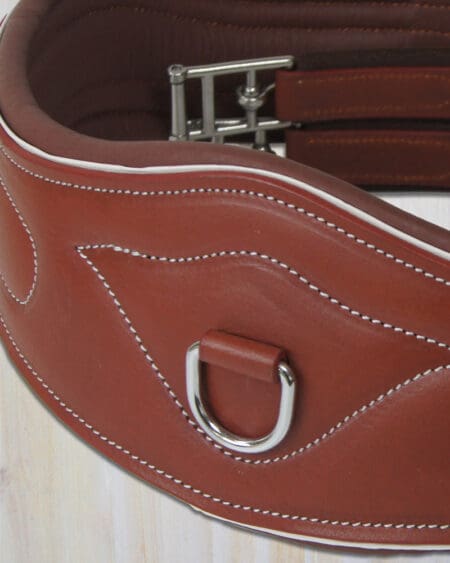 Pink Equine Ergonomic Leather Girth Tan with White Piping 135cm 1 Pink Equine Ergonomic Girth Tan White 135cm Close up