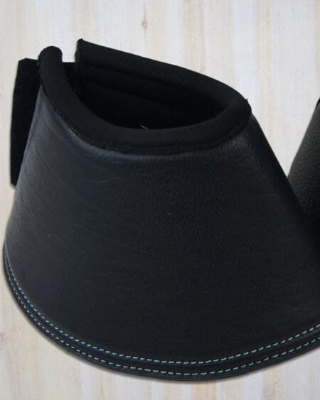 Sport Leather Bell Boots Full Black with Teal Stitching Close up