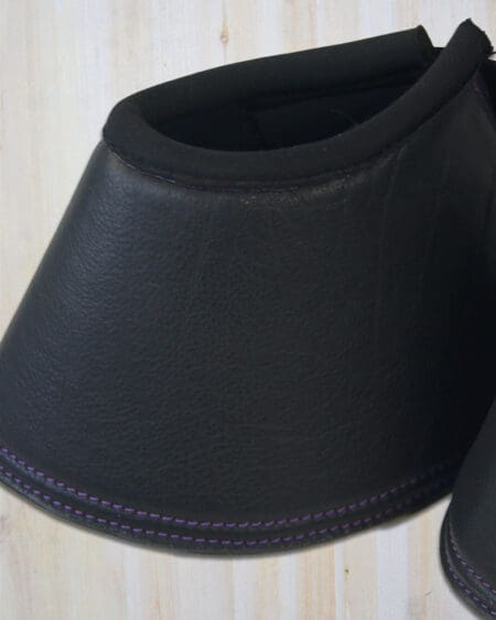 Sport Leather Bell Boots Full Black with Violet Stitching Close up