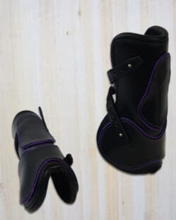 Pink Equine Open Front Leather Fetlock Boots Black with Violet Piping - Full Size