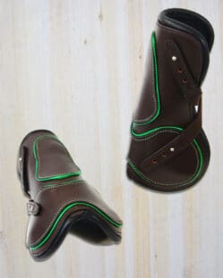 Pink Equine Open Front Leather Fetlock Boots Brown with Hunter Green Piping - Full Size