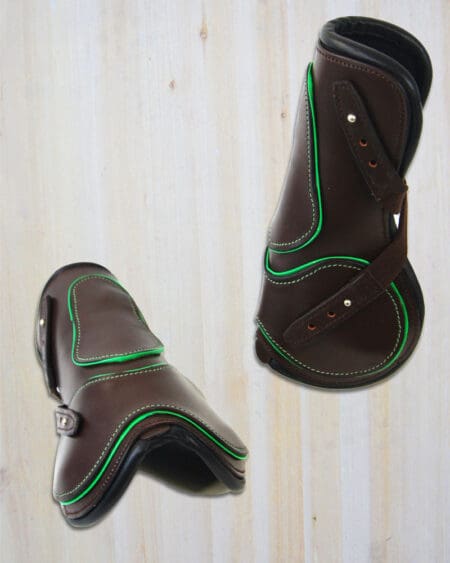 Sport Leather Fetlock Boots Brown with Hunter Green Piping Full