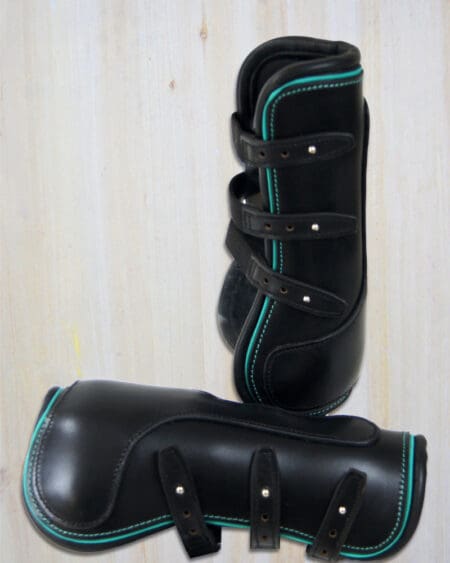 Sport Leather Tendon Boots Black with Teal Piping