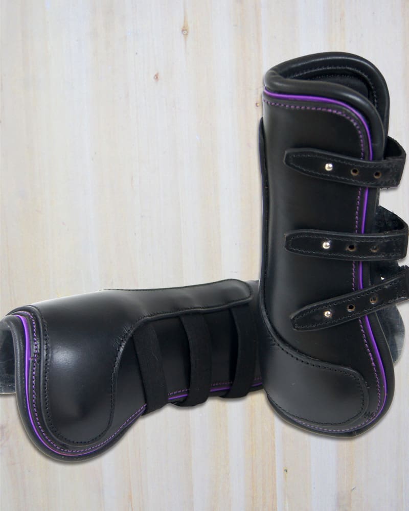 Pink Equine Leather Tendon Boots Black Leather Violet Piping Full