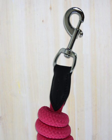 hot pink braided lead rope showing leather connector